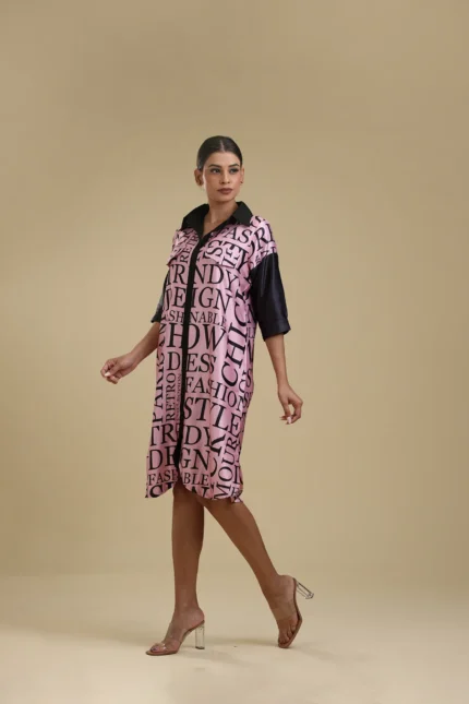 Alphabet letter printed satin shirt dress-toyoustores