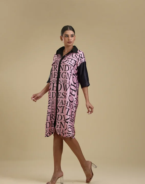 Alphabet letter printed satin shirt dress-toyoustores
