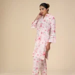Baby Pink Floral Printed Yolk Cut Work Soft Cotton Kurthi Set