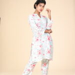Pastel Aqua Green Floral Printed Yolk Cut Work Soft Cotton Kurthi Set