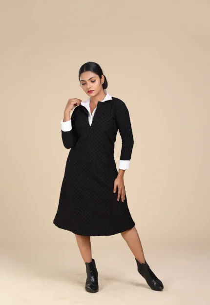 Black N White Premium Self-Textured Stretchable Collared Dress for Women