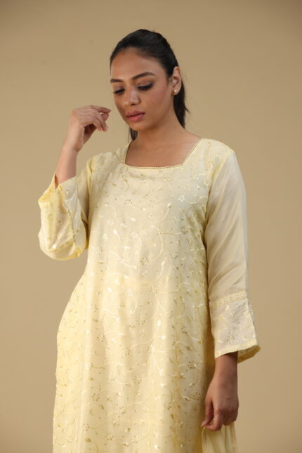 Butter Yellow Self Thread Worked Sequenced Russian Silk Pakistani Salwar Suit Set