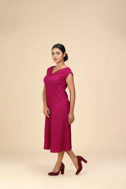 Wine Purple Premium Self-Textured Stretchable Collared Dress for Women