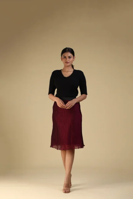 Braid Pleated Skirt Glossy Wine-toyoustores