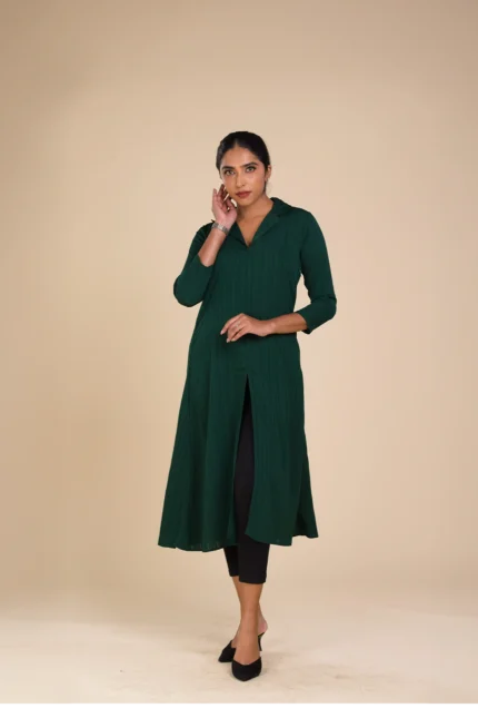 Long Lapel Dress - Dark Green-toyoustores