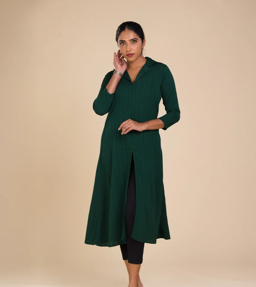 Long Lapel Dress - Dark Green-toyoustores