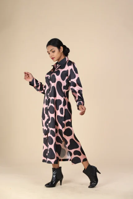 Printed Italian Cow Print Satin Shirt Dress-toyoustores