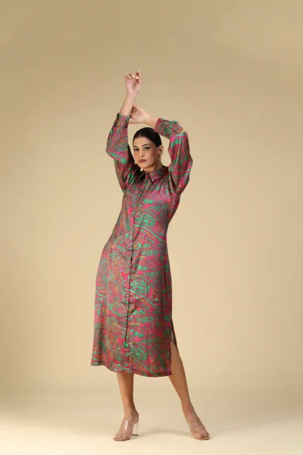 Pink n Red Printed Italian Satin Shirt Dress-toyoustores