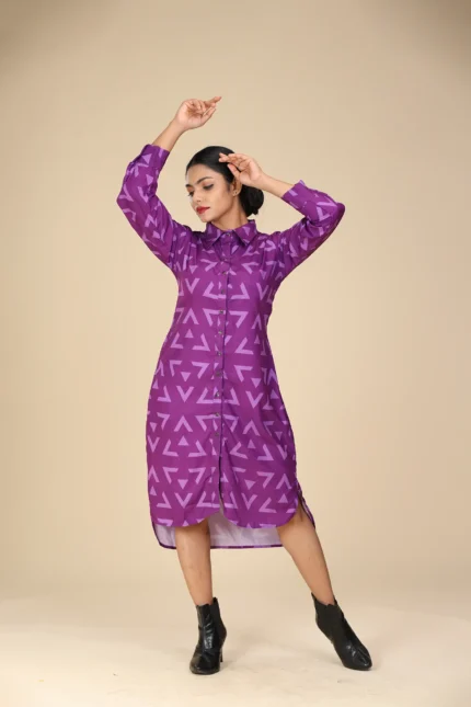 Printed Italian satin shirt dress violet purple-toyoustores