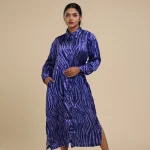 Printed italian tiger print satin shirt dress royal blue-toyoustores