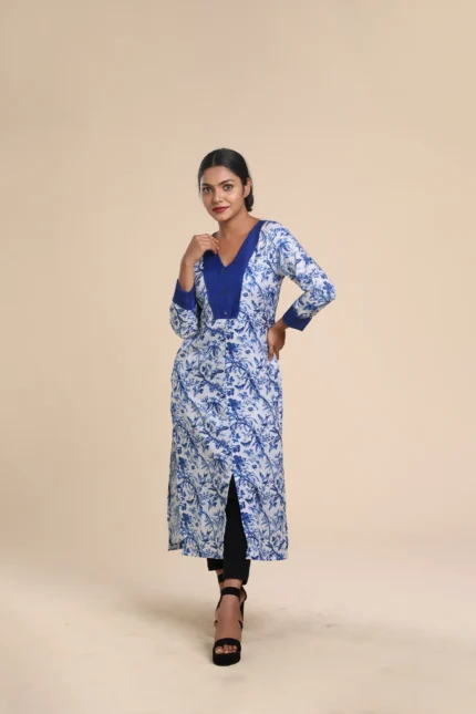 White n Blue Voile Printed Kurthi-toyoustores