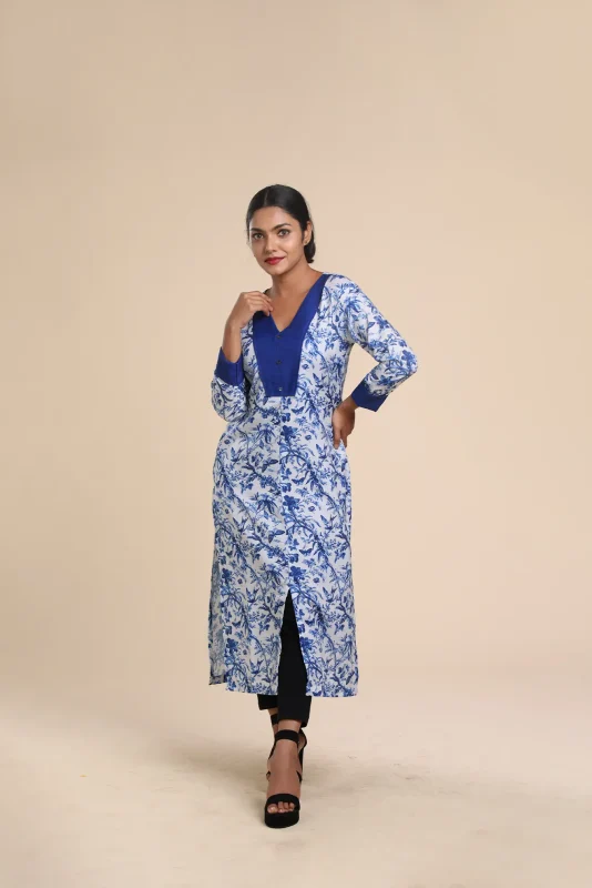 White n Blue Voile Printed Kurthi-toyoustores