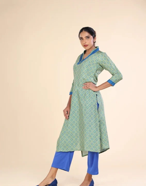 printed silk kurthi green and blue-toyoustores